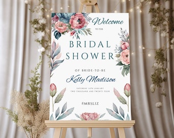 Floral Bridal Shower Welcome Sign: Dusty Pink & Blue (Digital Download)