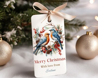 Printed personalized wreath bird Christmas Gift Tag, wreath gift tag, Bird Christmas Gift Tag, Christmas wreath gift tag, personalized tag