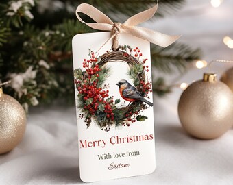 Printed personalized wreath bird Christmas Gift Tag, wreath gift tag, Bird Christmas Gift Tag, Christmas wreath gift tag, personalized tag