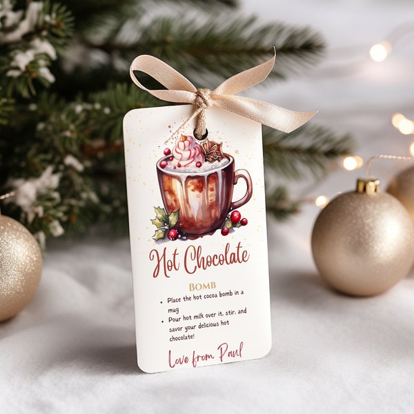 Hot Cocoa Bombs Tags Printable, Editable Christmas Hot Chocolate Bomb Instructions, Custom Xmas Holiday Digital Gift Labels, Canva Template