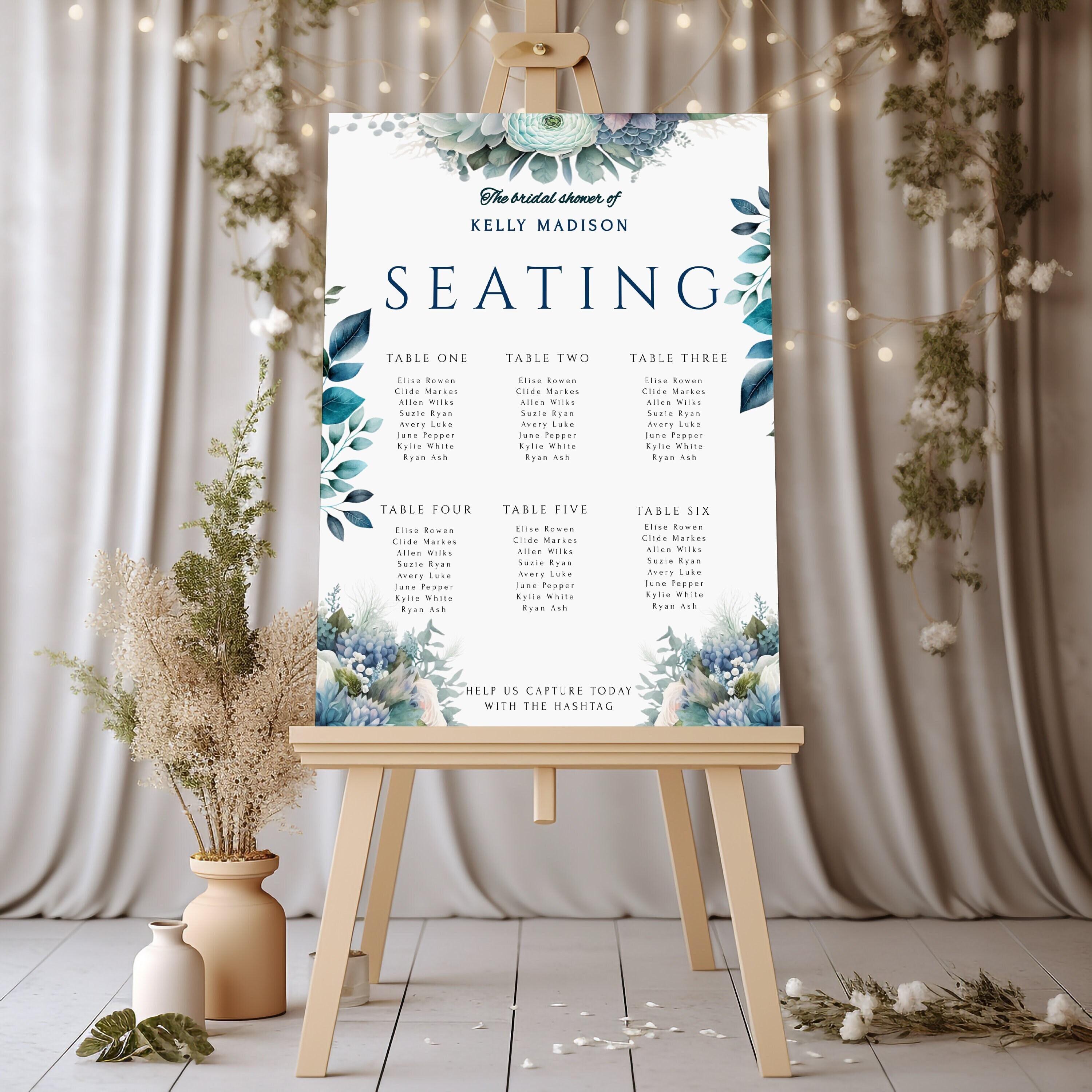 Light Blue Floral Seating Chart | Printable Modern Wedding Seating ...
