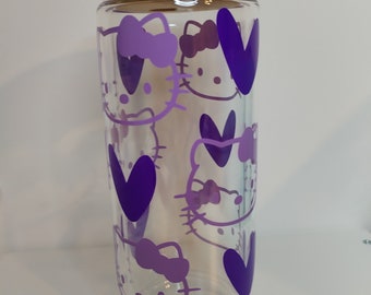Verre Hello kitty 16 oz violet avec couvercle et paille | verre saint valentin
