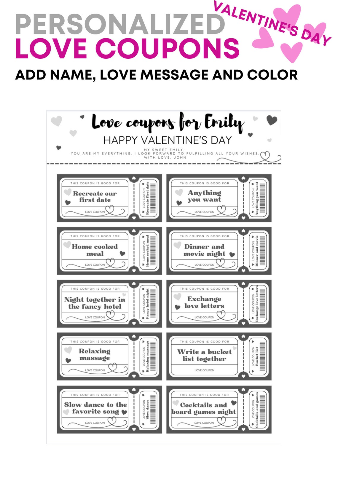 Customizable Love Coupon Book, Personalized Coupon Book, Valentine's