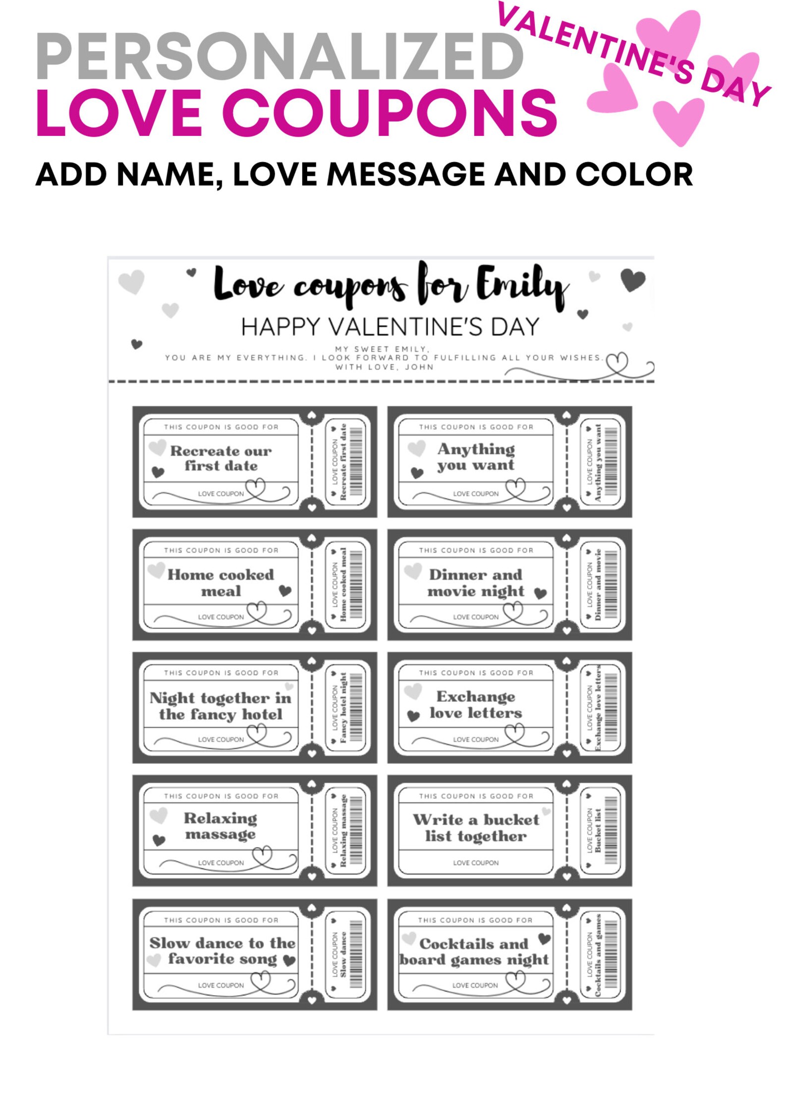 Customizable Love Coupon Book, Personalized Coupon Book, Valentine's