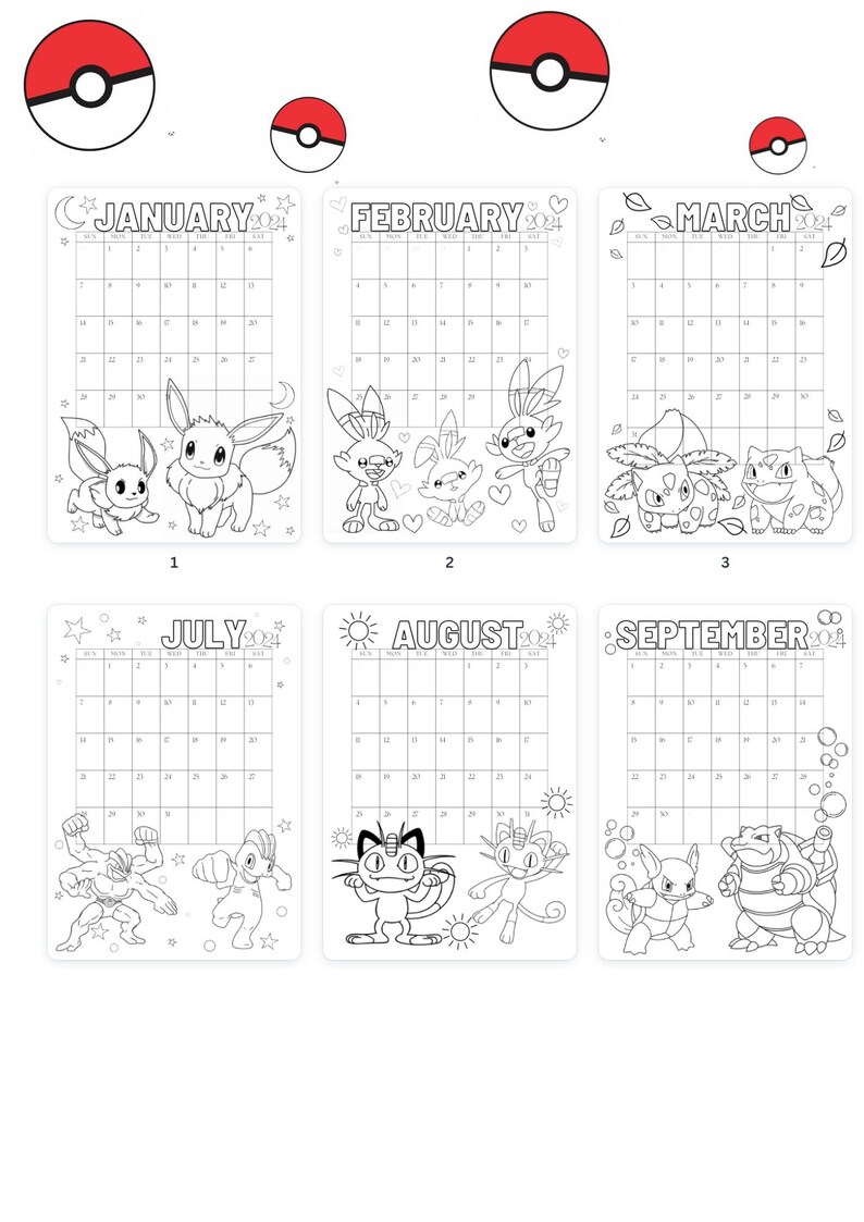 Pokemon Calendar 2024, Coloring Pages Calendar, Kids Calendar Printable