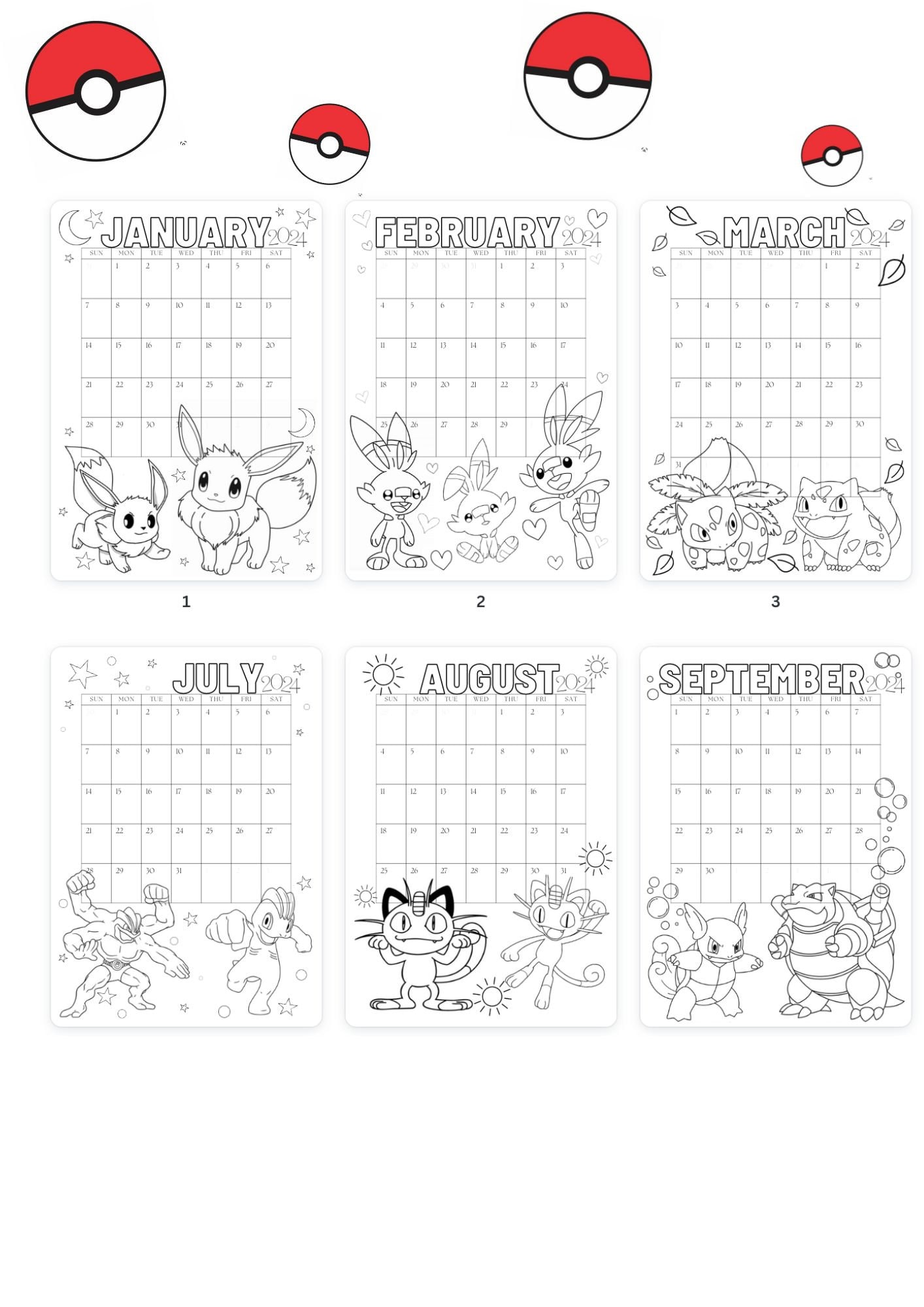 Pokemon Calendar 2024, Coloring Pages Calendar, Kids Calendar Printable