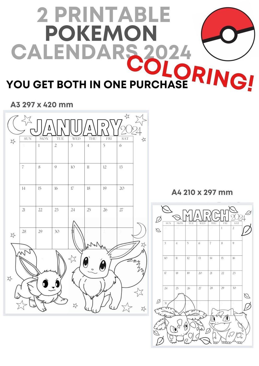 Pokemon Calendar 2024, Coloring Pages Calendar, Kids Calendar Printable