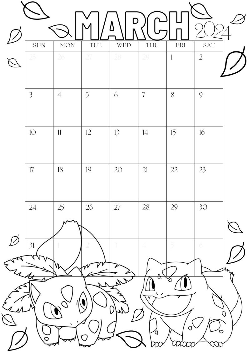 Pokemon Calendar 2024, Coloring Pages Calendar, Kids Calendar Printable