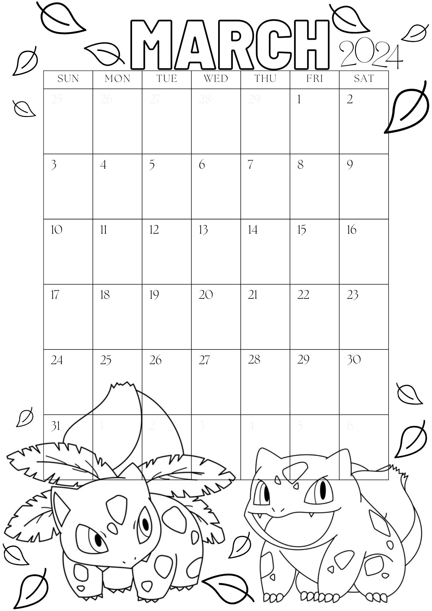 Pokemon Calendar 2024, Coloring Pages Calendar, Kids Calendar Printable