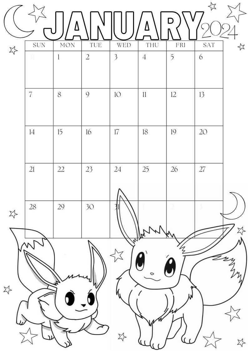 Pokemon Calendar 2024, Coloring Pages Calendar, Kids Calendar Printable