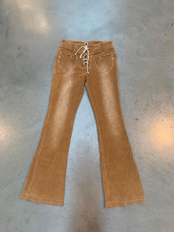 パンツ Y2K flare corduroy pants Vtg Fetish Cargo Pants Women 7/8 Sage Green Corduroy Flare