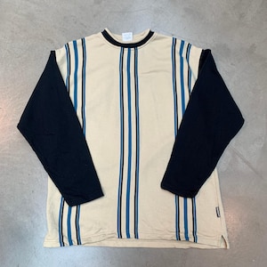 Vintage Striped Long Sleeve Shirt for Men - Beige with Blue and Black Stripes, 100% Cotton, Size Small