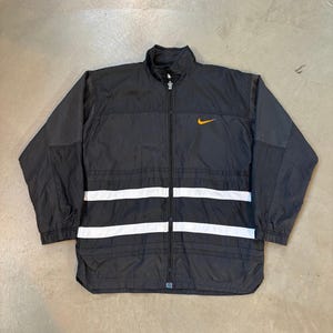 Nike Vintage Men&#39;s S Windbreaker Jacket - Black with Reflective Stripes & Orange Swoosh, Retro Style Track Coat