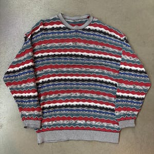 Coogi Style Men&#39;s Multicolor Vintage Knit Sweater - Retro Textured Crewneck Long Sleeve, Size M, Bold Patterned Knit Wear