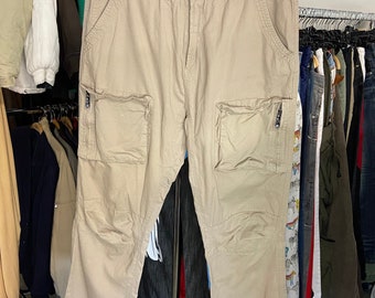 Pantalon cargo vintage beige avec plusieurs poches pour homme L avec fermeture à glissière en coton