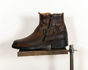 Botas de tobillo con cremallera de cuero marrón oscuro vintage para hombre EU41