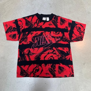 Vintage Nike Men&#39;s Large T-Shirt - Red & Black Graphic Print, 90s Abstract Crewneck Tee, Made in Portugal