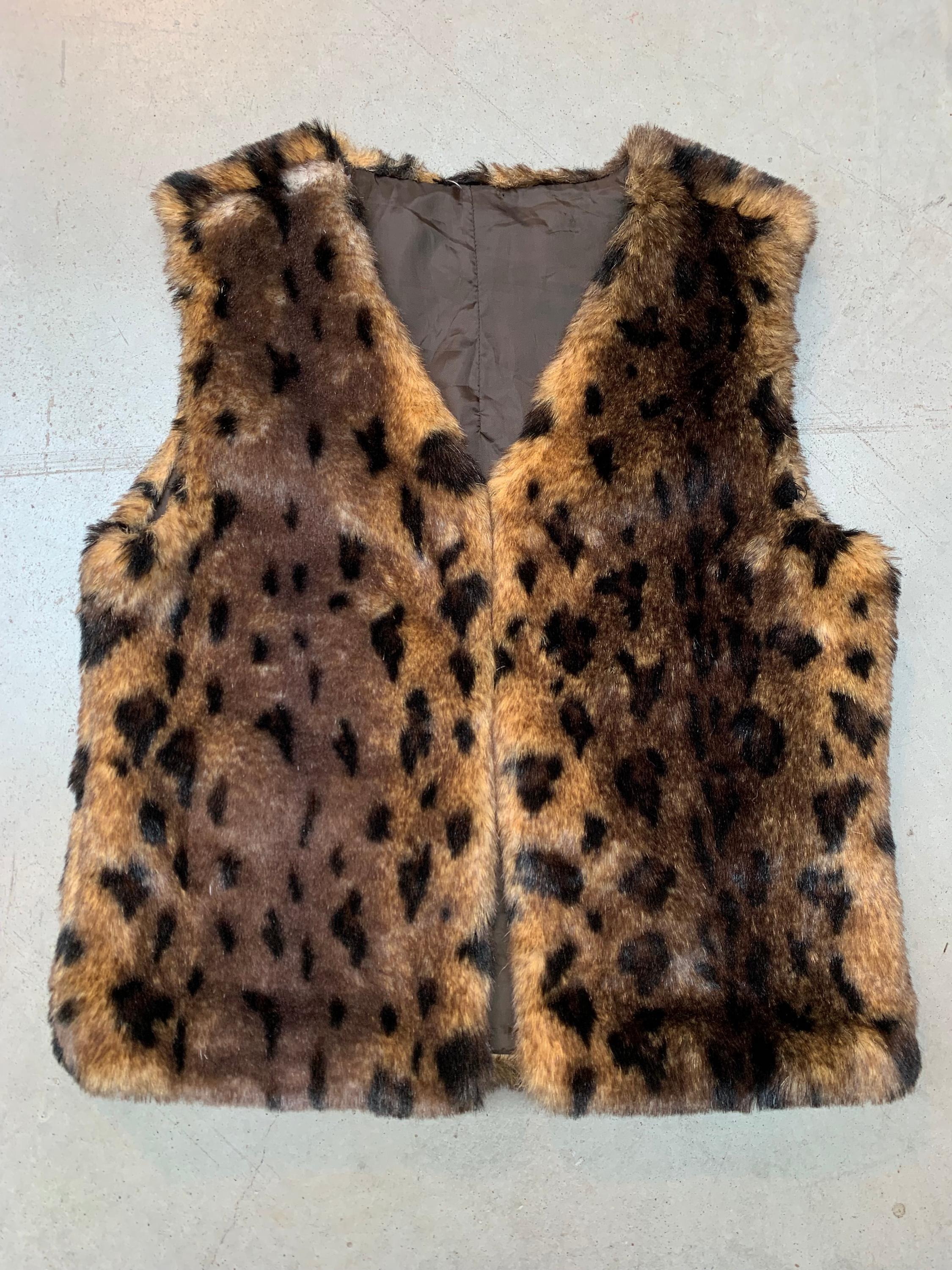 Vintage Animal Print Faux Fur Vest in Leopard Pattern - Women's