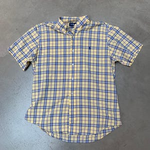 Ralph Lauren Men&#39;s L Yellow Blue Plaid Short Sleeve Shirt - Classic Cotton Button-Up for Casual Summer Style