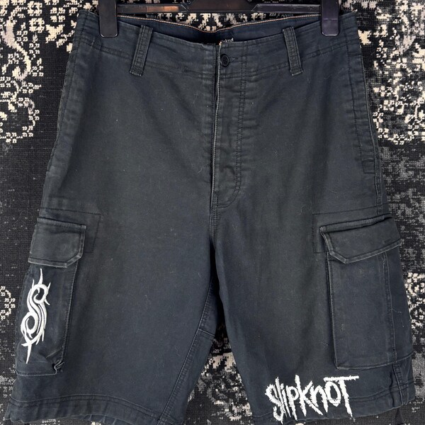 Y2K 2008 Slipknot zwarte cargoshort heren met geborduurde logo's, maat M, streetwear metalbandmode