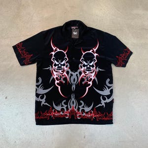 Men's XL Vintage Black Flame Skull Button-Up Shirt - Tribal Devil Graphic Gothic Rock Streetwear