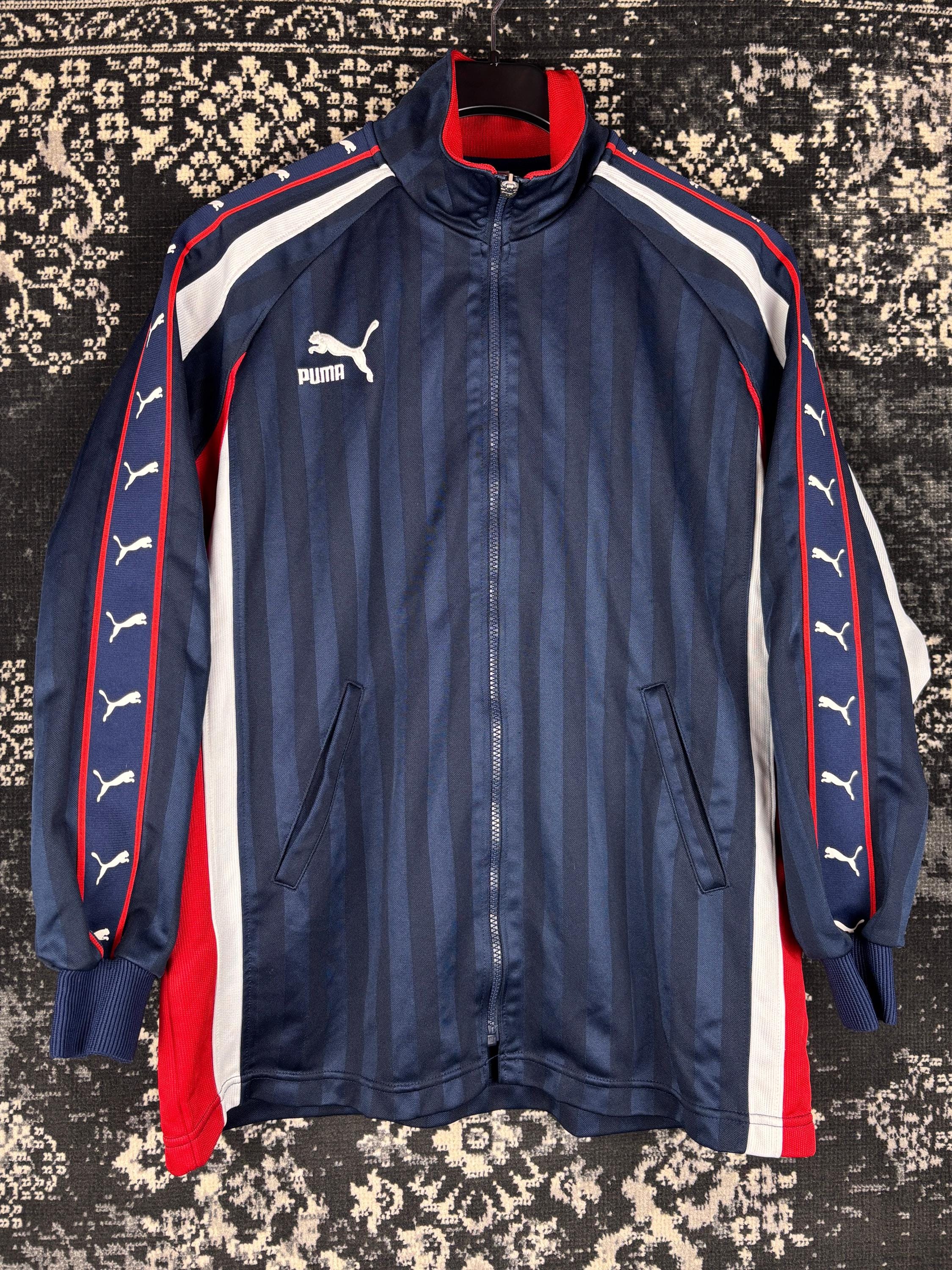 Men's Vintage Puma Dark Blue Track Jacket With Striped Sleeves