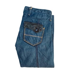 Edgy Vintage Straight Leg Jeans with Leather Details - Unisex Small, Dark Blue, Y2K Streetwear Fashion