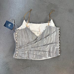 Vintage Sleeveless Draped Top for Women in Soft Gray Silk Texture, Size XS with Side Button Details