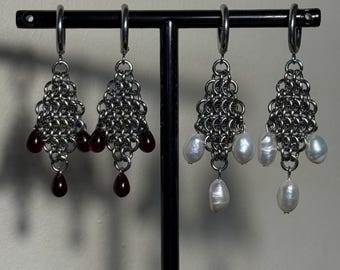 IRUNE Earrings • Stainless Steel • Garnet Glass Beads • Freshwater Pearls • European 4 in 1