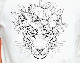 Boho flores gato salvaje guepardo leopardo cara camiseta de moda, bosque tropical floral botánico gato salvaje camisa de animales, camiseta de viaje Jungle Safari