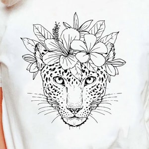 Boho bloemen wilde kat Cheetah Leopard Face Trendy T-shirt, bloemen tropisch bos botanische wilde kat dierenshirt, Jungle Safari Travel Tee Wit