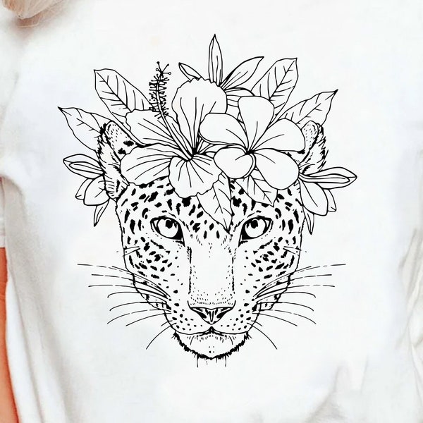 Boho flores gato salvaje guepardo leopardo cara camiseta de moda, bosque tropical floral botánico gato salvaje camisa de animales, camiseta de viaje Jungle Safari