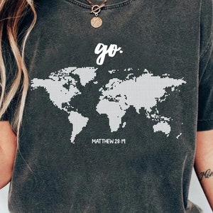 Wereldkaart Go Matthew 28:19 christelijk T-shirt, bijbelvers geloof religieus Jezus God T-shirt, inspirerend gezegend T-shirt, cadeau voor christen