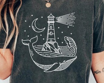 Trendy Lighthouse Whale T-Shirt, Marine Beach Sea Wave TShirt, Sea Ocean Life Night Moon Star Shirt, Whale Tee for Women's, Orca Whale Lover