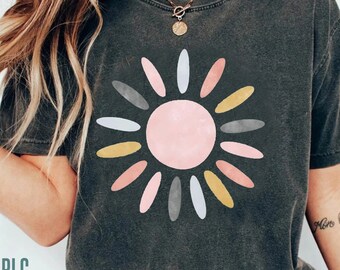 Boho Sun Rising Summer T-Shirt, Celestial Sun Yoga T-Shirt for Women, Retro Spring Beach Summer Time Positive Vibes Shirt, Beach Vibes Tee