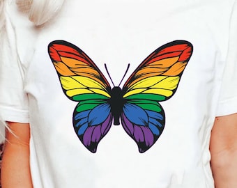 Trendy Pride Month Theme Outfits Butterfly LGBTQ Ally T-Shirt, Shirt for Gift Gay Lesbian Bisexual Rights, Rainbow Freedom Equality LGBT Tee