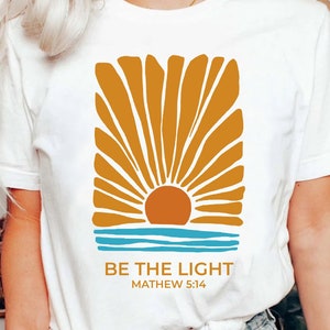 Retro Be The Light Mathew 5:14 Christian T-Shirt, Bible Verse Sunburst Flower Sea Sun Religious Jesus God Shirt,Inspirational Blessed Tee image 1