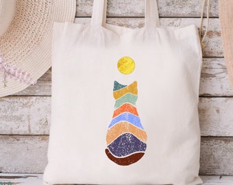 Minimal Boho Retro Mom Cat Sun Cotton Rope Handle Tote Bag, For Animal Lover Travel School Beach Shopping Market Bride Teacher Shoulder Bag