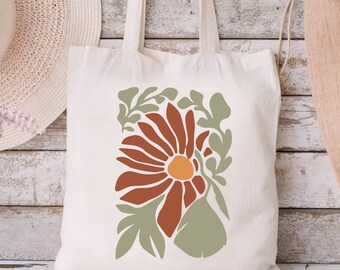 Retro Floral Flower Boho Wildflowers Nature Cotton Rope Handle Tote Bag, Travel School Beach Shopping Market Bride Teacher Shoulder Tote Bag