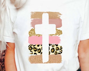 Leopard Luminous Glitter Christian Cross Blessed Religious Hymn T-Shirt, Retro Faith Christ Jesus Love T Shirt, Christian Faith Gift For Her
