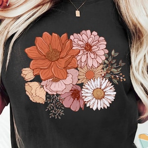 Retro Boho Magic Flower Wildflower Natuur Botanisch Shirt, Herfst Herfst Cottagecore Gardener Shirt voor dames, Minimal Hippie Goblincore Tee Zwart