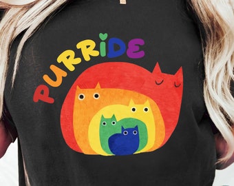 Trendy Pride Month Theme Outfit Purride Cat LGBTQ Ally TShirt, Shirt for Gay Lesbian Bisexual Rights Gift, Rainbow Freedom Equality LGBT Tee