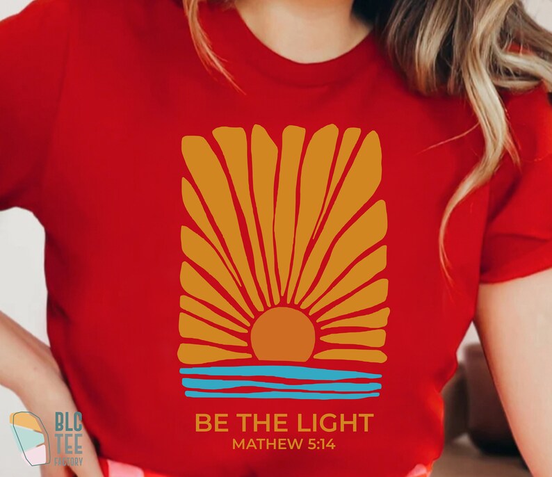 Retro Be The Light Mathew 5:14 Christian T-Shirt, Bible Verse Sunburst Flower Sea Sun Religious Jesus God Shirt,Inspirational Blessed Tee Red