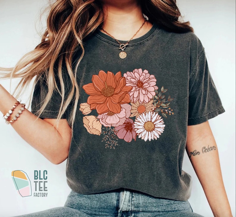 Retro Boho Magic Flower Wildflower Natuur Botanisch Shirt, Herfst Herfst Cottagecore Gardener Shirt voor dames, Minimal Hippie Goblincore Tee Pepper