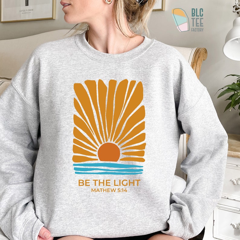 Retro Be The Light Mathew 5:14 Christian T-Shirt, Bible Verse Sunburst Flower Sea Sun Religious Jesus God Shirt,Inspirational Blessed Tee Sport Grey