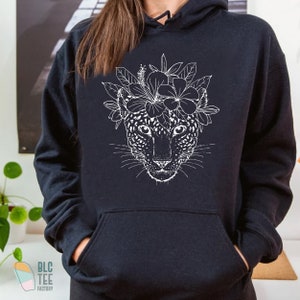 Boho bloemen wilde kat Cheetah Leopard Face Trendy T-shirt, bloemen tropisch bos botanische wilde kat dierenshirt, Jungle Safari Travel Tee Navy