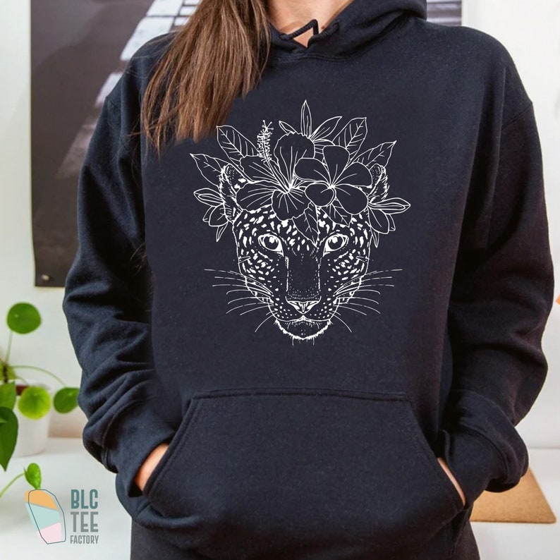 Boho Flowers Wild Cat Cheetah Leopard Face Trendy T Shirt, Floral Tropical Forest Botanical Wild Cat Animal Shirt, Jungle Safari Travel Tee Navy