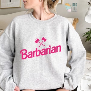 May include: A gray sweatshirt with a pink graphic of crossed axes and the word "Barbarian" in a bold, pink font.