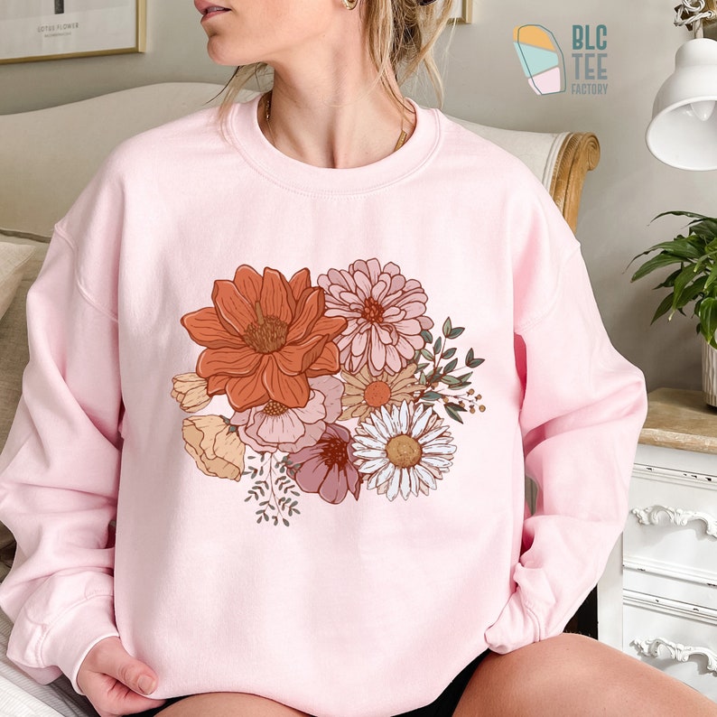 Retro Boho Magic Flower Wildflower Natuur Botanisch Shirt, Herfst Herfst Cottagecore Gardener Shirt voor dames, Minimal Hippie Goblincore Tee Roze