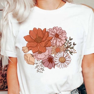 Chemise botanique rétro Boho fleur magique fleurs sauvages Nature, chemise automne automne jardinier cottagecore pour femme, t-shirt hippie goblincore minimal Blanc